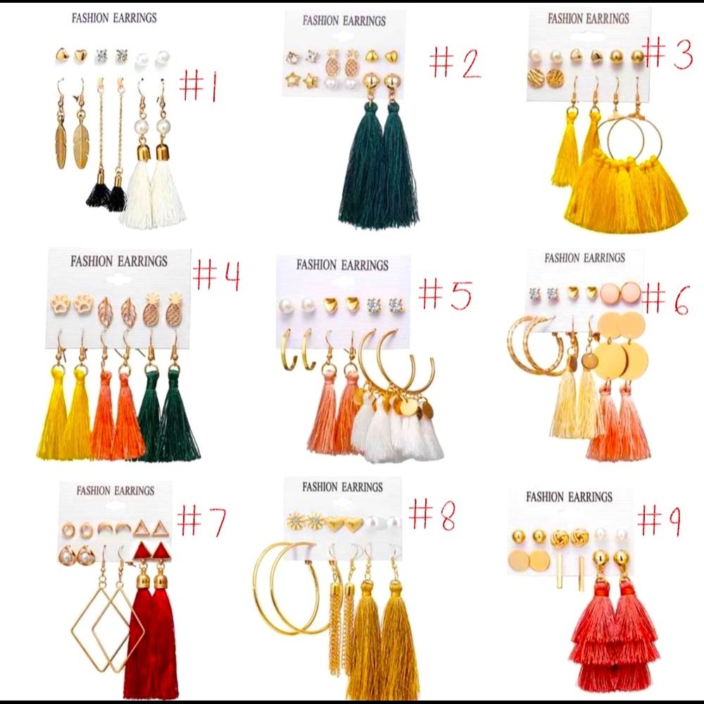 6 pack stud and tassel earrings- please specify number (ex #8)